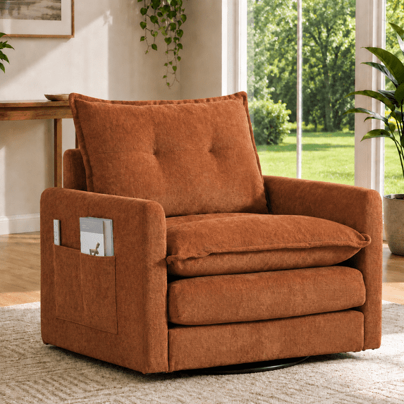 360°Swivel Accent Chair, Upholstered 28''W Oversized Armchair, PAPROOS Barrel Chair Reading Armchair with Side Pockets & Cushion, Modern Accent Chair with Metal Base for Living Room Bedroom, Brown