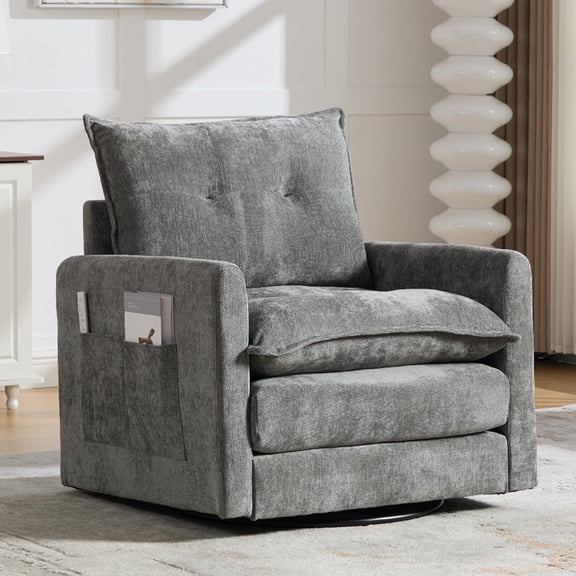 360°Swivel Accent Chair, Upholstered 28''W Oversized Armchair, PAPROOS Barrel Chair Reading Armchair with Side Pockets & Cushion, Modern Accent Chair with Metal Base for Living Room Bedroom, Gray