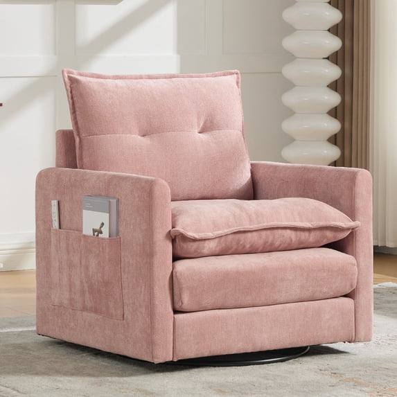 360°Swivel Accent Chair, Upholstered 28''W Oversized Armchair, PAPROOS Barrel Chair Reading Armchair with Side Pockets & Cushion, Modern Accent Chair with Metal Base for Living Room Bedroom, Pink