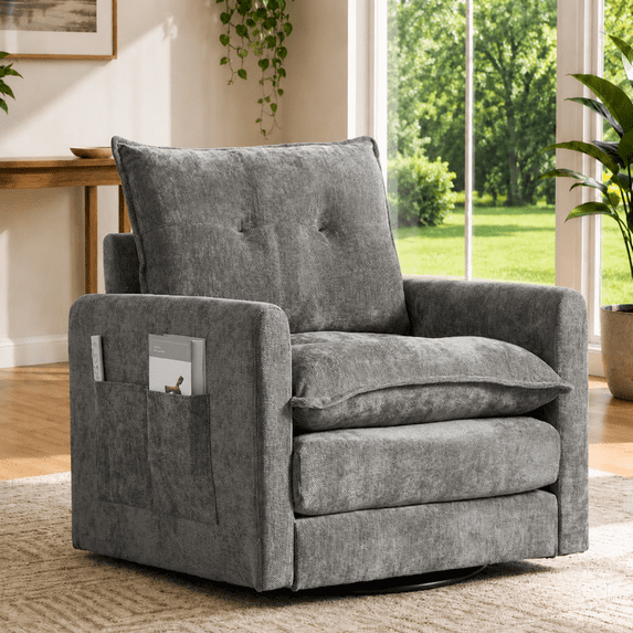 360°Swivel Accent Chair, Upholstered 28''W Oversized Armchair, PAPROOS Barrel Chair Reading Armchair with Side Pockets & Cushion, Modern Accent Chair with Metal Base for Living Room Bedroom, Gray