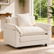 Accent Chair, PAPROOS 45W Oversized Chenille Upholstered Reading Chair, Comfy Armchair with Wide Armrest & Pillow, Modern Living Room Chair Barrel Chair, Beige
