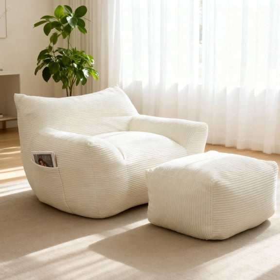 FHFO Giant Bean Bag Chair with Ottoman,Oversized Boneless Couch Chair in a Box, Comfy and Lazy Lounge for Dorm, Living Room, Bedroom, (42”x43”x31”)White