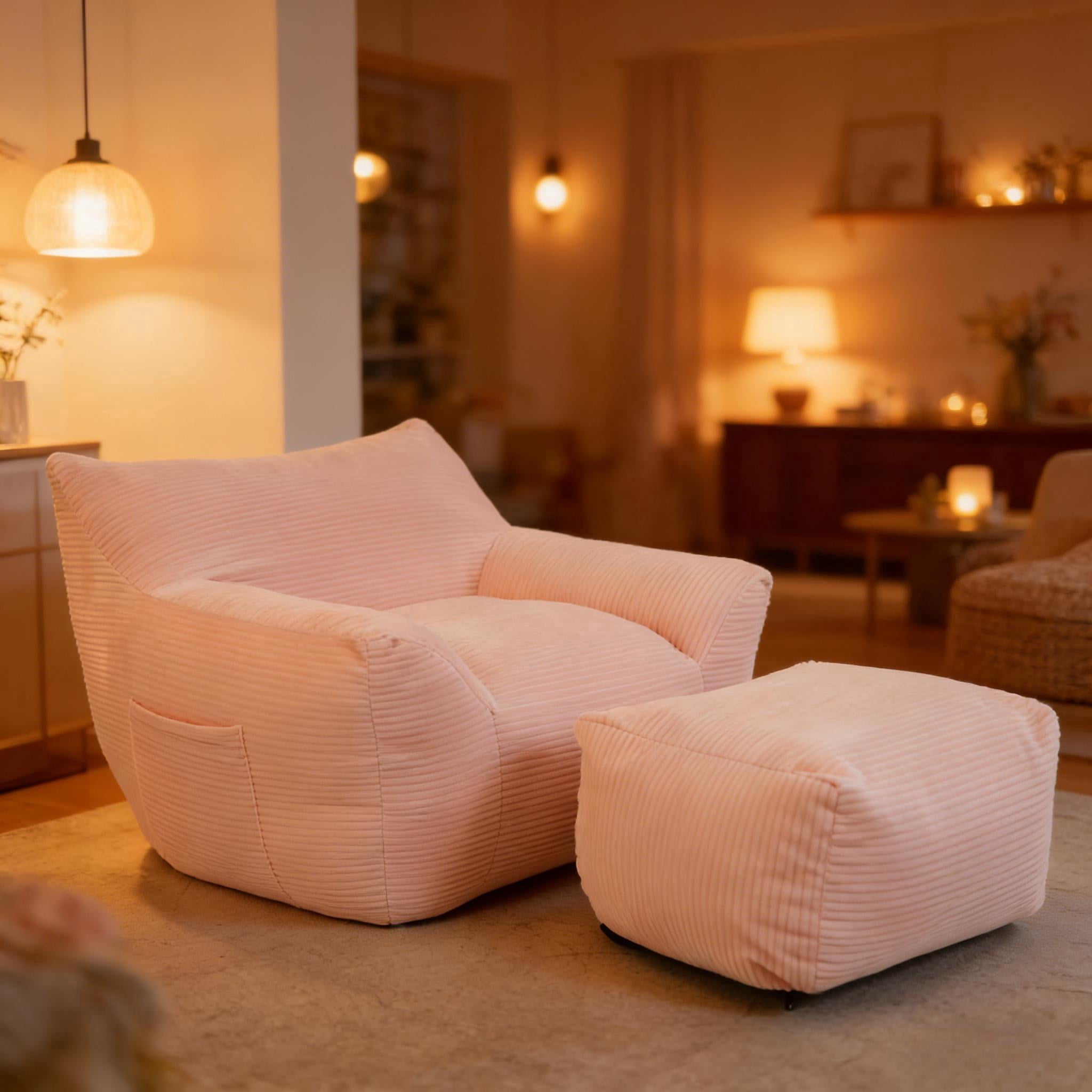 FHFO Giant Bean Bag Chair with Ottoman,Oversized Boneless Couch Chair in a Box, Comfy and Lazy Lounge for Dorm, Living Room, Bedroom, (42”x43”x31”)Pink