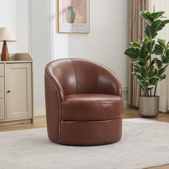 360° Swivel Accent Chair, Mid-Century Modern Lounge Chair with 21.65" Deep Seat and Breathable Backrest, PU Leather Armchair with Rivets Design for Living Room, Bedroom, Office, Brown