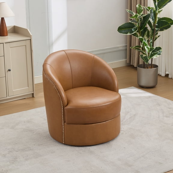360° Swivel Accent Chair, Mid-Century Modern Lounge Chair with 21.65" Deep Seat and Breathable Backrest, PU Leather Armchair with Rivets Design for Living Room, Bedroom, Office, Light Brown