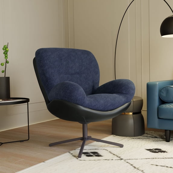 360° Swivel Accent Chair, Modern Chenille Lounge Chair with Faux Leather and Black Metal Base Frame, Comfortable Reading Chair for Small Spaces, Living Room, Bedroom, Reading Corner, Office, Navy Blue