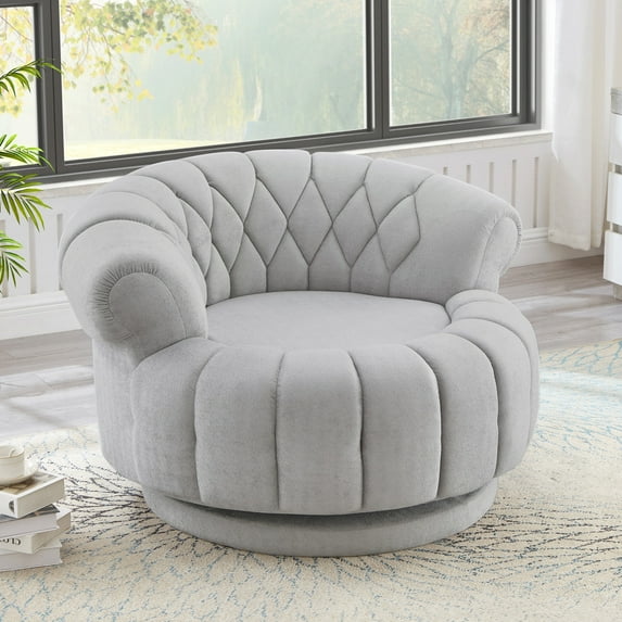 360° Swivel Accent Chair, Round Accent Barrel Chair with Curved Armrests, Chenille Cloud Reading Chair Single Club Sofa for Living Room, Grey