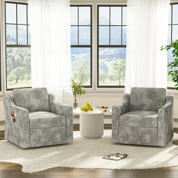 360° Swivel Accent Chair Set of 2, spacious and comfortable reading chair, square single armchair, upholstered reading sofa, Grey