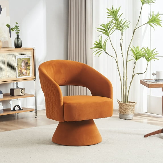 360° Swivel Accent Chair, Stylish Round Barrel Chair with Velvet Fabric and High Back, Leisure Upholstered Chair with Wooden Frame and Comfy Round Arms for Home Office, Non-Slip, Orange
