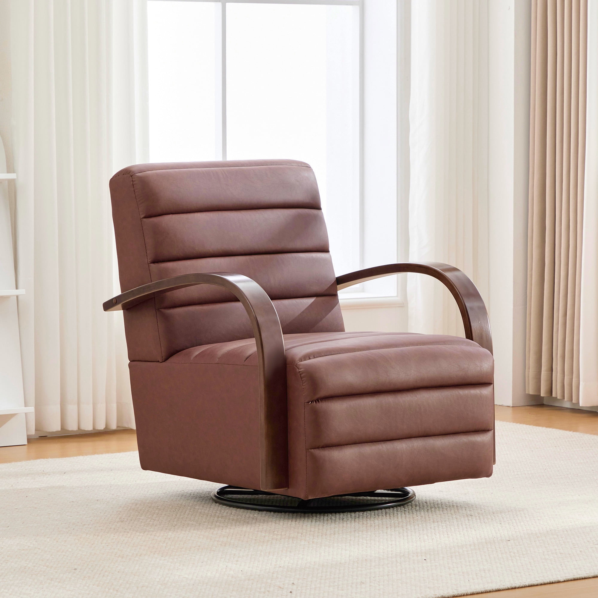 360° Swivel Accent Chair with Solid Wood Armrests,30.7"W PU Lounge Reading Chair Single Sofa Armchair for Bedroom Living Room Office,Brown