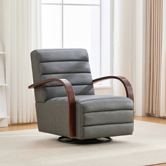 360° Swivel Accent Chair with Solid Wood Armrests,30.7"W PU Lounge Reading Chair Single Sofa Armchair for Bedroom Living Room Office,Gray