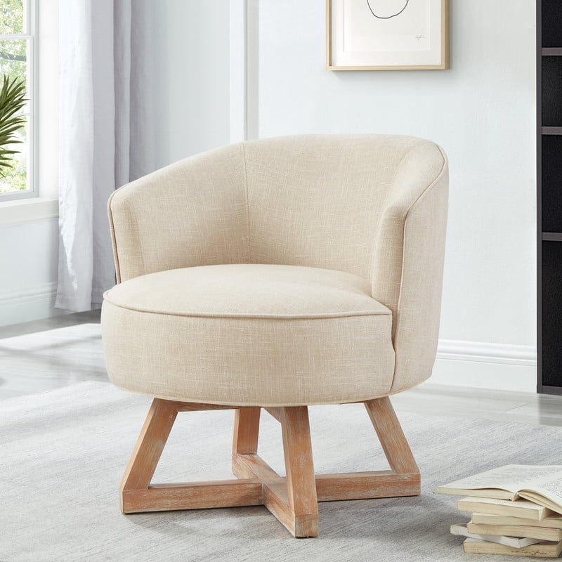 360° Swivel Accent Chair with Solid Wood, Linen Upholstered Barrel Chair, Cross Shaped Leg Armchair, Easy Assembly for Living Room, Beige