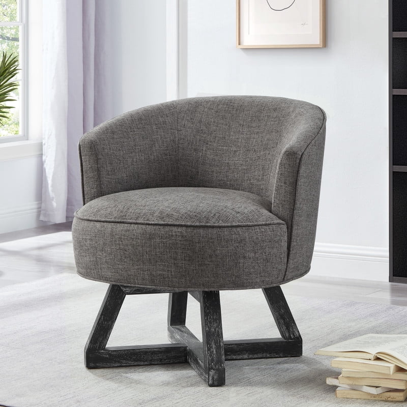 360° Swivel Accent Chair with Solid Wood, Linen Upholstered Barrel Chair, Cross Shaped Leg Armchair, Easy Assembly for Living Room, Dark Gray