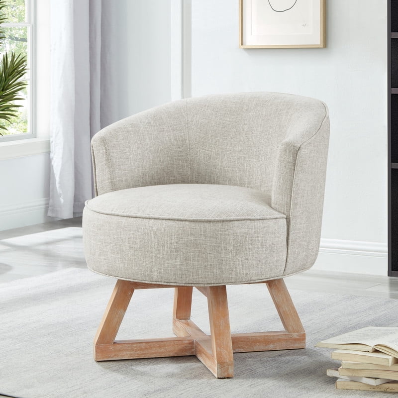 360° Swivel Accent Chair with Solid Wood, Linen Upholstered Barrel Chair, Cross Shaped Leg Armchair, Easy Assembly for Living Room, Light Gray
