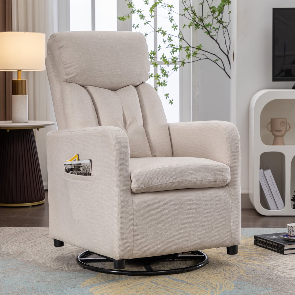 360 Swivel Accent Glider Rocking Chair Upholstered Baby Glider Chair Comfy Accent Arm Chair with Side Pockets and Solid Wood Legs Modern Leisure Single Sofa for Living Room Hotel Bedroom Beige Walmart...