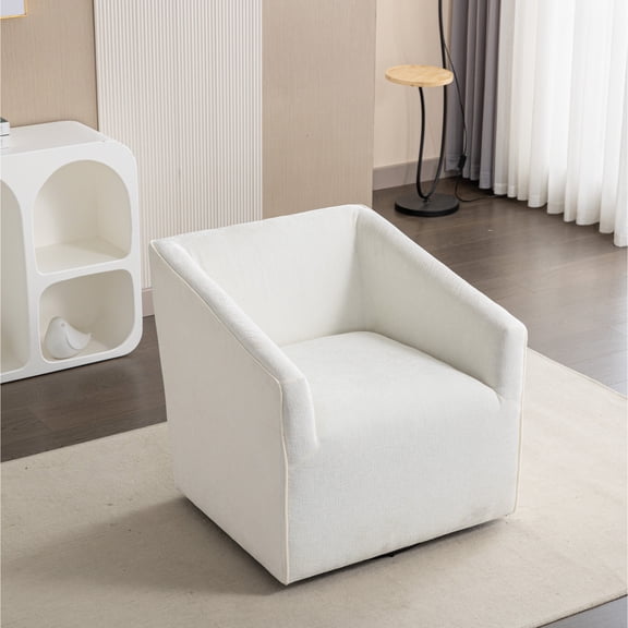 360° Swivel Armchair In Chenille Fabric - Stylish For Home Office, Living Room Upholstered Chair Modern Fabric, Base, Comfortable Bedroom White, Brown, Square Arms, Seat