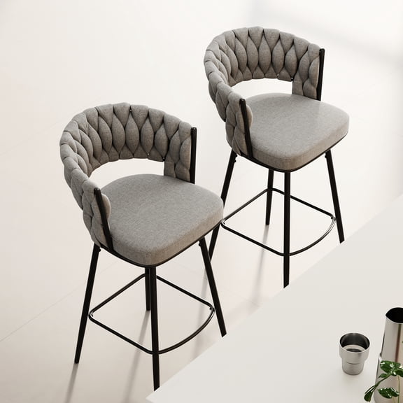 360° Swivel Bar Chairs Of 2, Cushioned Counter Stools. Black + Gray, Metal Leg Modern Luxury Kitchen Chairs. Foam Filled, Linen Upholstery. Ergonomic Design To Alleviate Fatigue. Rust Prevention