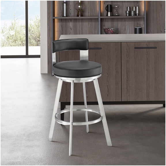 360 Swivel Bar Stool 30 Inch Height - Easy Clean Black Vinyl and Brushed Metal Kitchen Stool