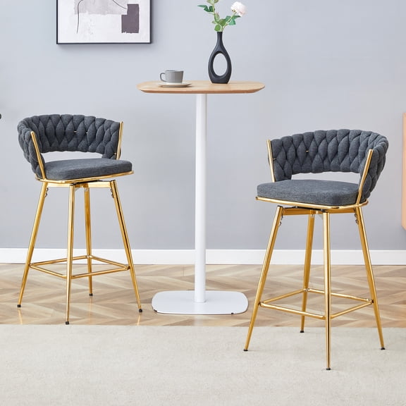 360 Swivel Bar Stool: Dark Gray Cotton Linen Seat, Golden Rust-Proof Metal Legs, 300lb Capacity, Modern Light Luxury Design for Bar & Dining