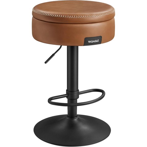 360 Swivel Bar Stool, Height Adjustable Barstool with Storage, Synthetic Leather with Stitching, Mid-Century Modern, Kitchen Bar, Easy Assembly, Caramel Brown