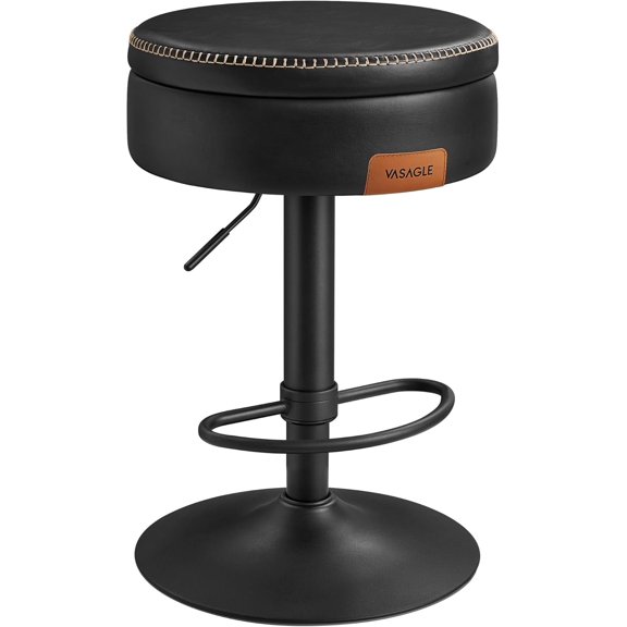 360 Swivel Bar Stool, Height Adjustable Barstool with Storage, Synthetic Leather with Stitching, Mid-Century Modern, Kitchen Bar, Easy Assembly, Ink Black