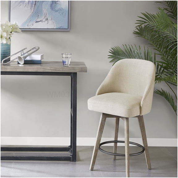 360 Swivel Bar Stool with Padded Seat, Sand Color Kitchen Island Stool with Foot Ring and Wood Legs