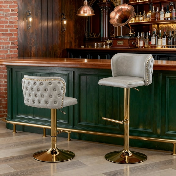360° Swivel Bar Stools for 3-3.5ft High Counter Top, Adjustable Height Barstools Set of 2 with Low Back,Gold Modern Upholstered Bar Chairs,Electroplated Metal Legs/Footrest/PU Leather(Beige, 2 Set)