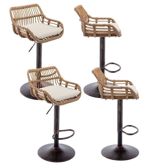 360°Swivel Bar Stools, Adjustable Height Bar Stools with Open Rattan Back and Black Footrest, Barstools, Vintage Sturdy Frame Chairs for Kitchen Island, Home Bar(Beige,Set of 4)