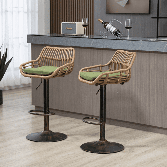 360°Swivel Bar Stools, Adjustable Height Bar Stools with Open Rattan Back and Black Footrest, Barstools, Vintage Sturdy Frame Chairs for Kitchen Island, Home Bar(Green,Set of 2)