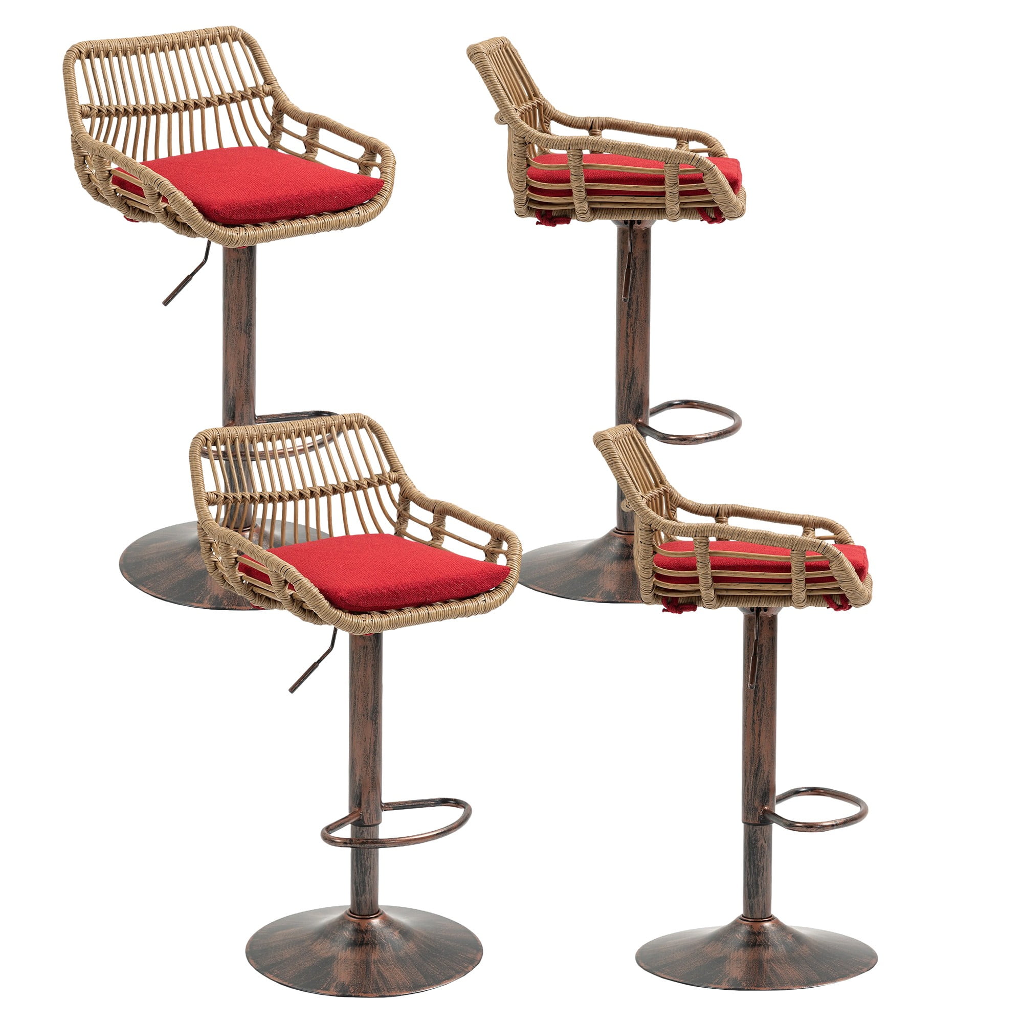 360°Swivel Bar Stools, Adjustable Height Bar Stools with Open Rattan Back and Black Footrest