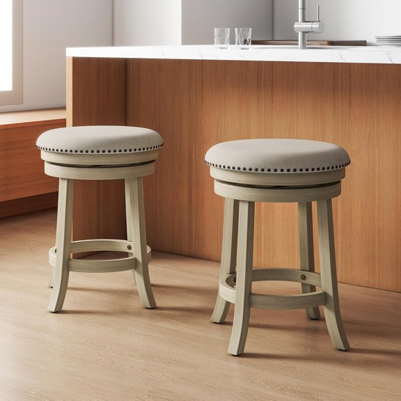 360 ° Swivel Bar Stools Set of 2, 24-inch Height Upholstered Round Barstools with Wooden Frame, and Footrest, Backless Solid Wood Counter Stools for Kitchen Island Bistro Pub, Beige