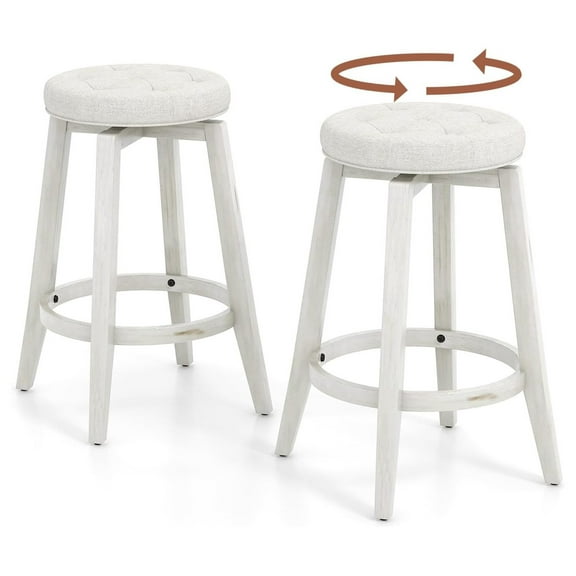 360° Swivel Bar Stools Set of 2, 26-inch Height Vintage Upholstered Rubberwood Backless Bar Chairs with Footrest, Kitchen Counter Stools for Kitchen Island Dining Room Home Bar, White