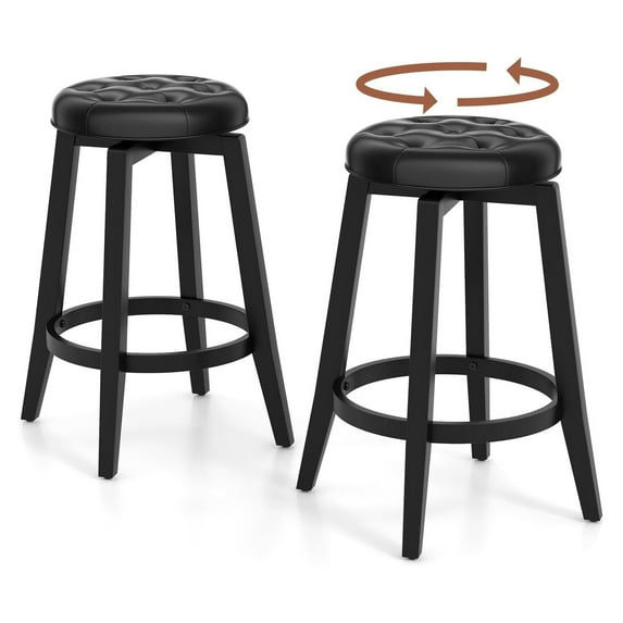 360° Swivel Bar Stools Set of 2, 26-inch Height Vintage Upholstered Rubberwood Backless Bar Chairs with Footrest, Kitchen Counter Stools for Kitchen Island Dining Room Home Bar, Black