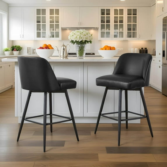 360°Swivel Bar Stools Set of 2, Faux Leather Counter Height Modern Barstools with High Backs - 26" H Kitchen Stools, For Bar & Home,Contemporary Style, Black
