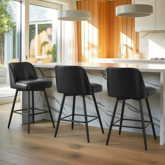 360°Swivel Bar Stools Set of 3, Faux Leather Counter Height Modern Barstools with High Backs - 26" H Kitchen Stools, For Bar & Home,Contemporary Style, Black
