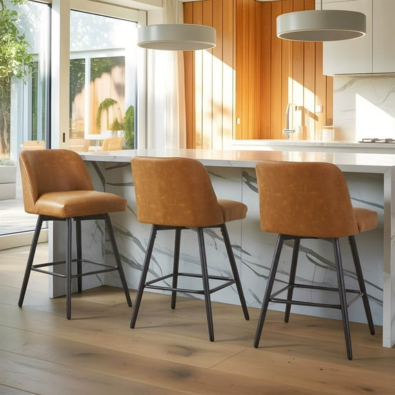 360°Swivel Bar Stools Set of 3, Faux Leather Counter Height Modern Barstools with High Backs - 26" H Kitchen Stools, For Bar & Home,Contemporary Style, Brown