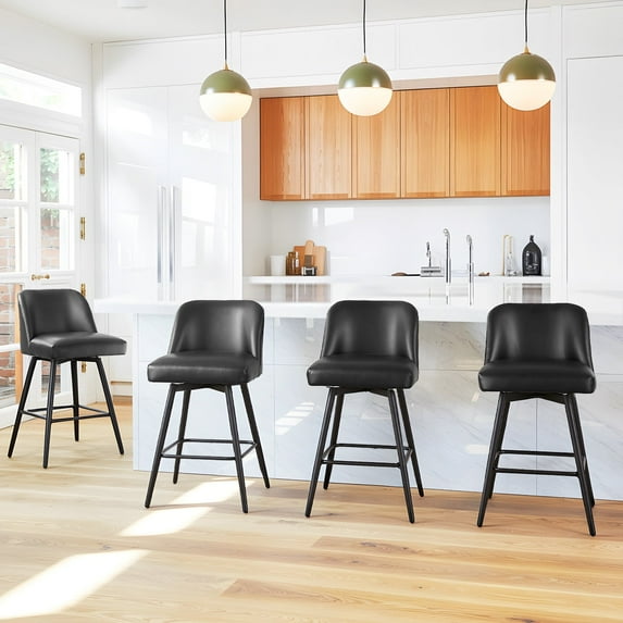 360°Swivel Bar Stools Set of 4, Faux Leather Counter Height Modern Barstools with High Backs - 26" H Kitchen Stools, For Bar & Home,Contemporary Style, Black