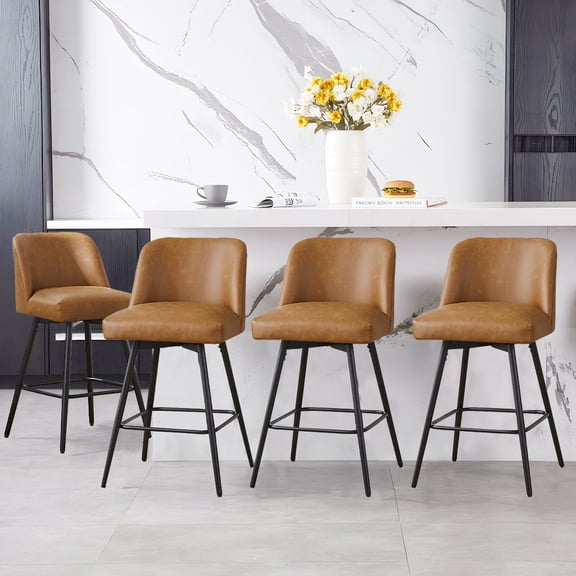 360°Swivel Bar Stools Set of 4, Faux Leather Counter Height Modern Barstools with High Backs - 26" H Kitchen Stools, For Bar & Home,Contemporary Style, Brown