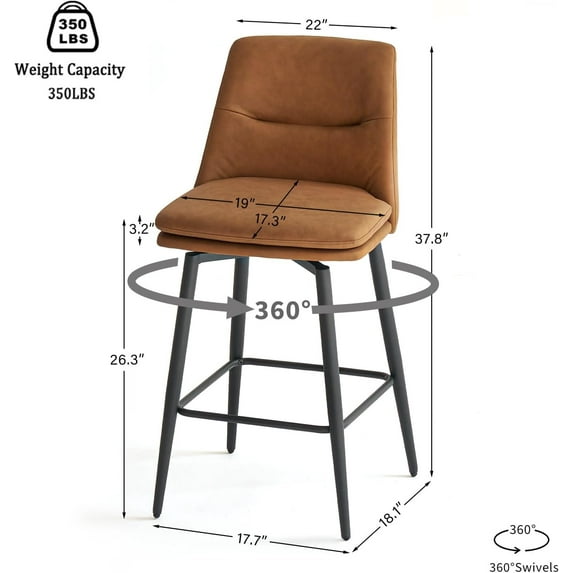 360° Swivel Bar Stools Set of 3, 26 Inch Height with Back and Metal , Upholstered Faux Leather Counter Stools