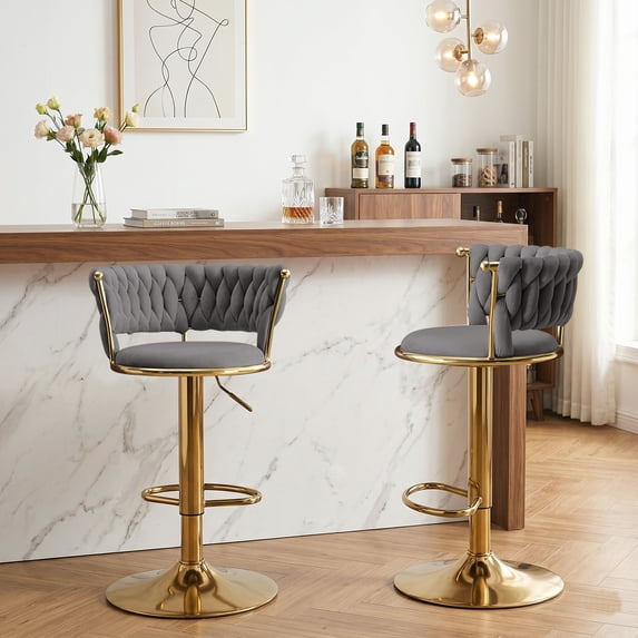 Velvet Swivel Bar Stools Set of 2, Adjustable Height Barstools with Woven Back and Footrest for Kitchen Island, Dining Room, Gray
