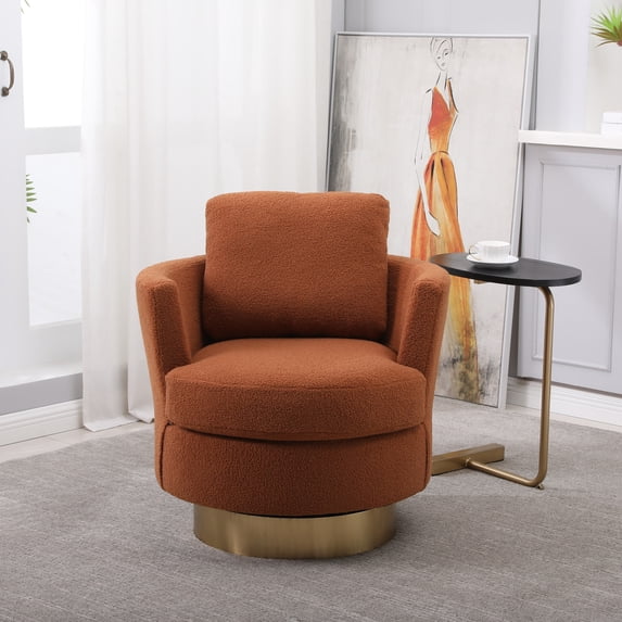 360° Swivel Barrel Chair with Gold Stainless Steel Base, Teddy Accent Chairs with Thick Cushion, Round Barrel Armchairs Reading Chairs for Living Room Bedroom Waiting Room, Brown