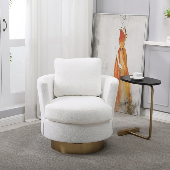 360° Swivel Barrel Chair with Gold Stainless Steel Base, Teddy Accent Chairs with Thick Cushion, Round Barrel Armchairs Reading Chairs for Living Room Bedroom Waiting Room, White