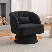 360  Swivel Barrel Chair   Mid-Century Modern Soft Fleece Upholstered Accent Armchair, Cushy Padding, Striped Backrest, Lounge Chair for Living Room, Bedroom, Vanity   Color Black