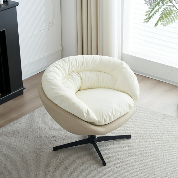 360° Swivel Barrel Chair Modern Upholstered Accent Chair PU Club Chair Leisure Chair, Beige & White
