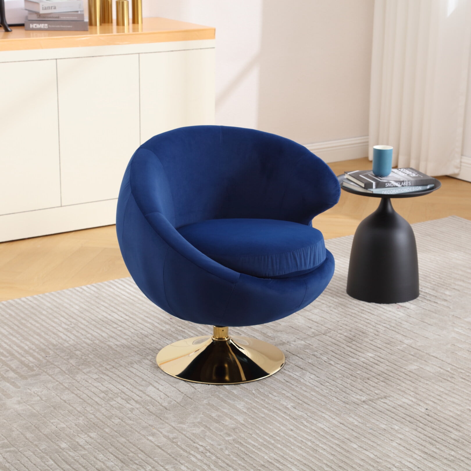 360 Swivel Barrel Chair Velvet Round Cuddle Accent Chair with Padded Cushion and Golden Metal Base Fluffy Sofa Chair Armchair with Wide Upholstered