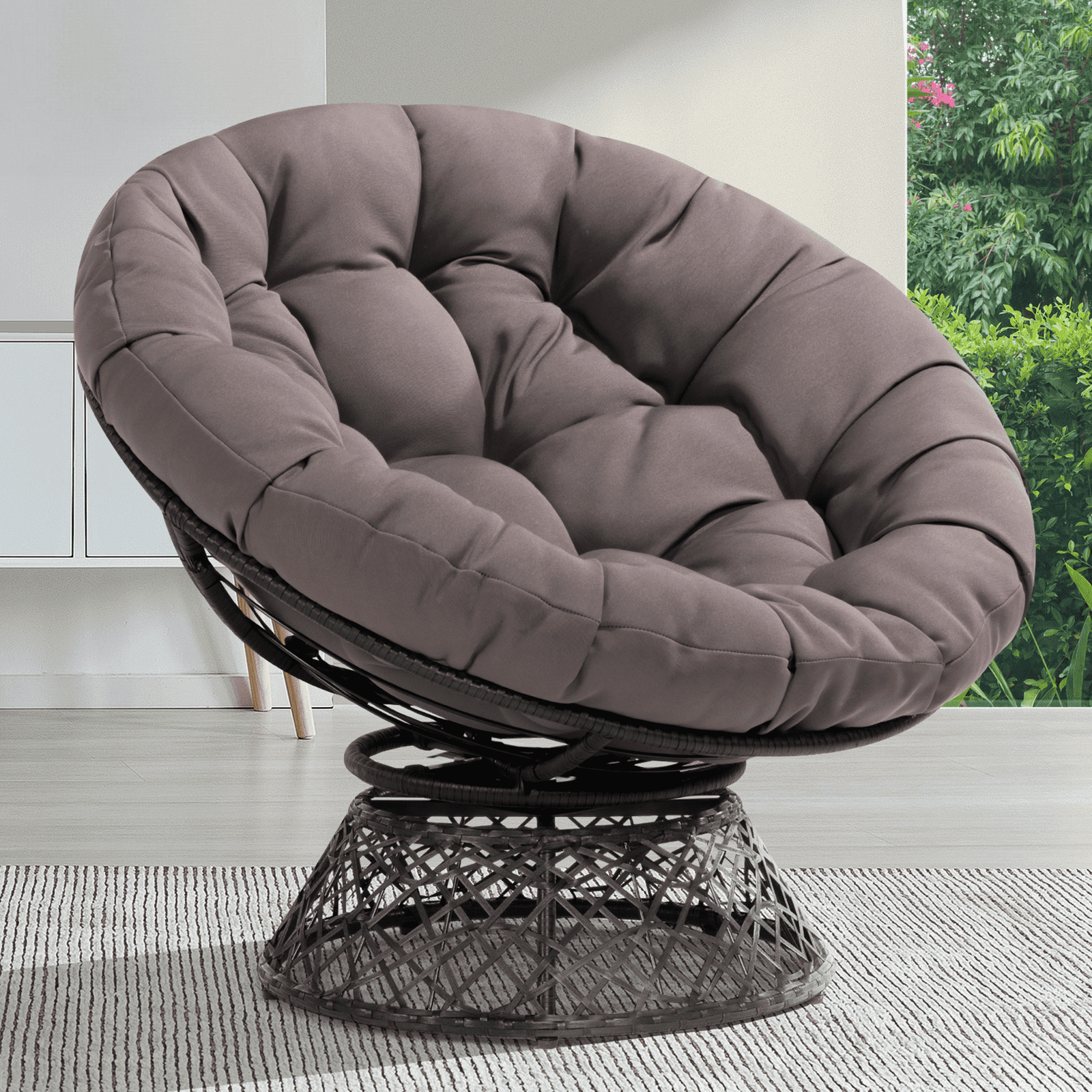 360 Swivel Comfy Papasan Chair with Fabric Cushion, Graphite Stone