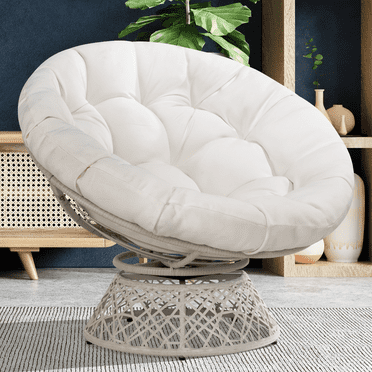 360 Swivel Comfy Papasan Chair with Fabric Cushion, Pure Pearl - White Frame