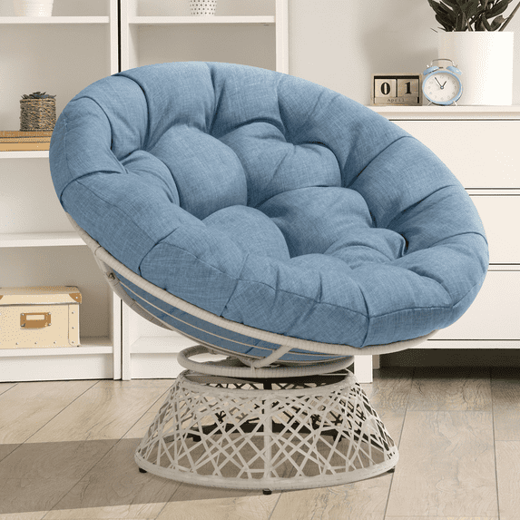 360 Swivel Comfy Papasan Chair with Fabric Cushion, Sapphire Pierre - White Frame