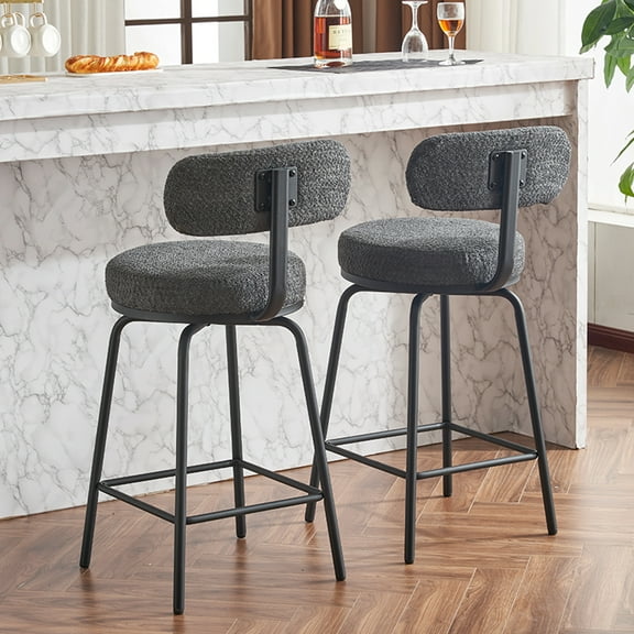 360° Swivel Counter Height Bar Chairs, Dark Grey Boucle Upholstered With Metal Legs & Footrest For Kitchen Island 2pcs , Footrest, Practical Home Bars, Dining Rooms