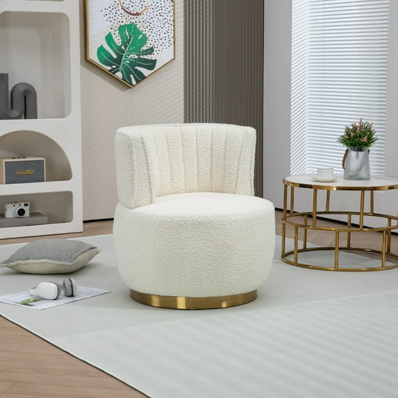 360° Swivel Cuddle Barrel Accent Chairs with Gold Base, Round Armchairs with Wide Upholstered, Fluffy Velvet Sofa Chair for Living Room Bedroom Office Waiting Rooms, White